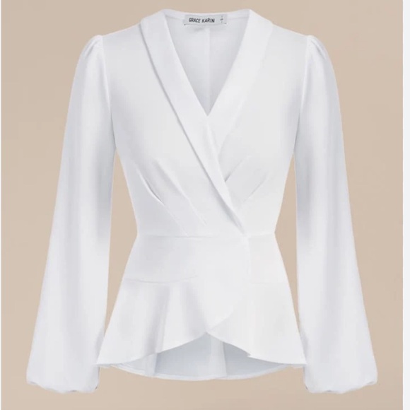 Grace Karin Tops - Grace Karin White Peplum Wrap Blouse